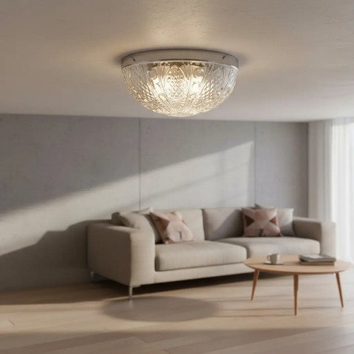 Plafón Chapa Grande Cromado 2 Luces Vidrio Transparente E27 - Imagen 3